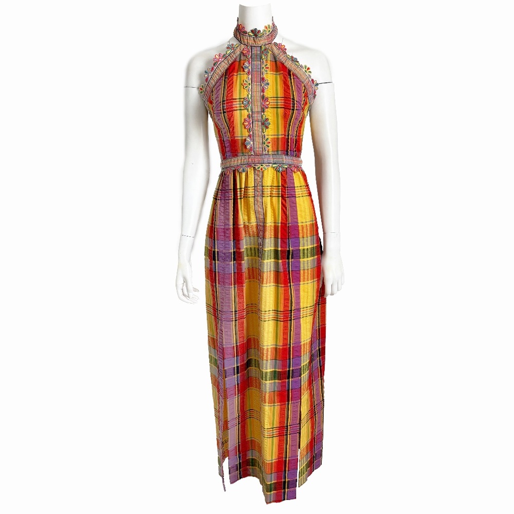 70s Donald Brooks Boutique Dress Halter Textured Plaid Embroidered Floral Trim 8